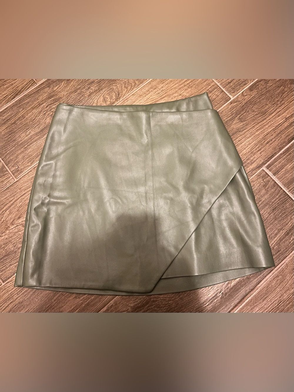 Express Olive Faux Leather Asymmetric Mini Skirt